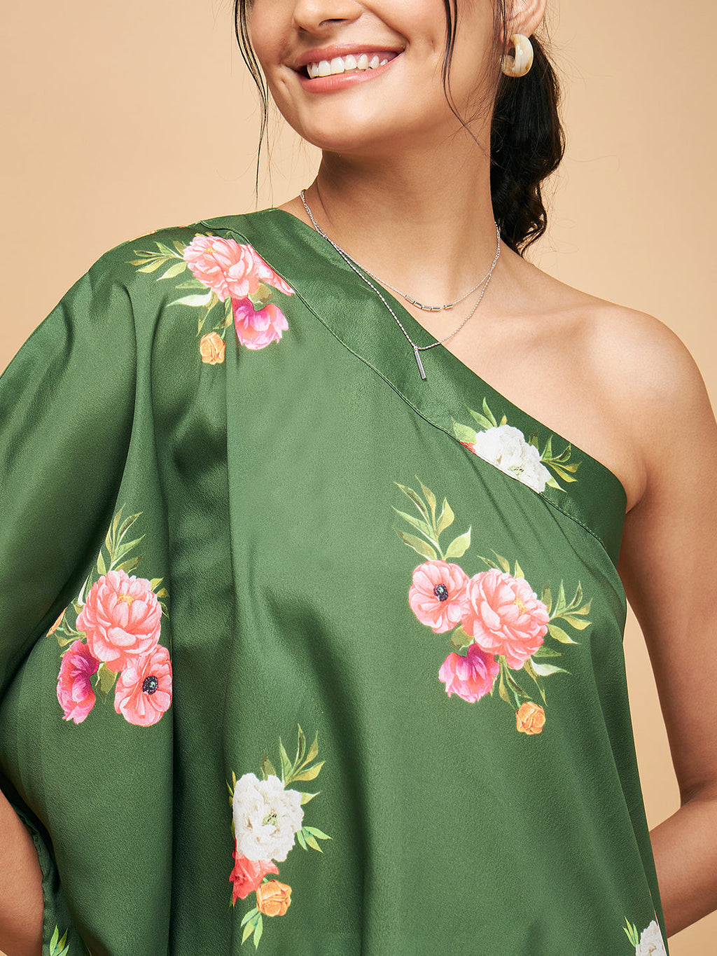 InWeave Women's Green Small Flower One Shoulder Kurta