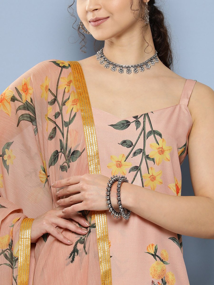 Ahalyaa Women Nude-Coloured Floral Printed Gotta Patti Kurta with Trousers & With Dupatta