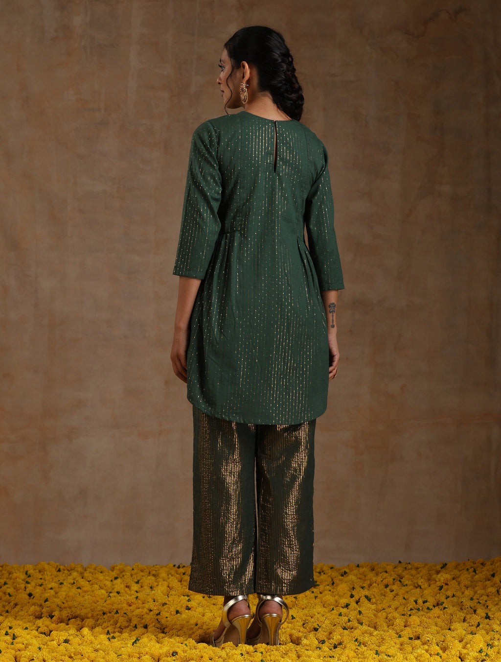 trueBrowns Dark Green Gold Cotton Side Gather Co-Ord Set