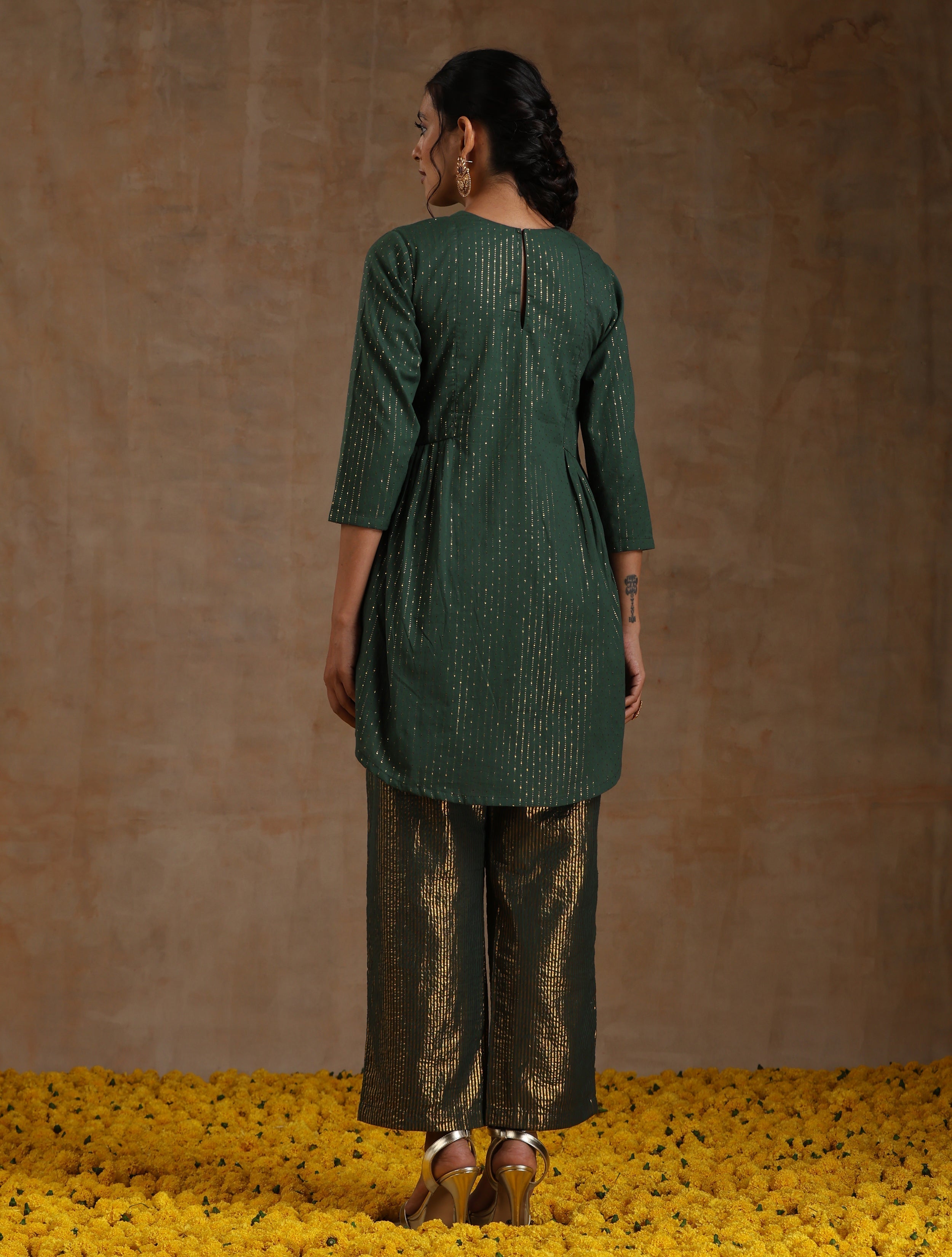 trueBrowns Dark Green Gold Cotton Side Gather Co-Ord Set