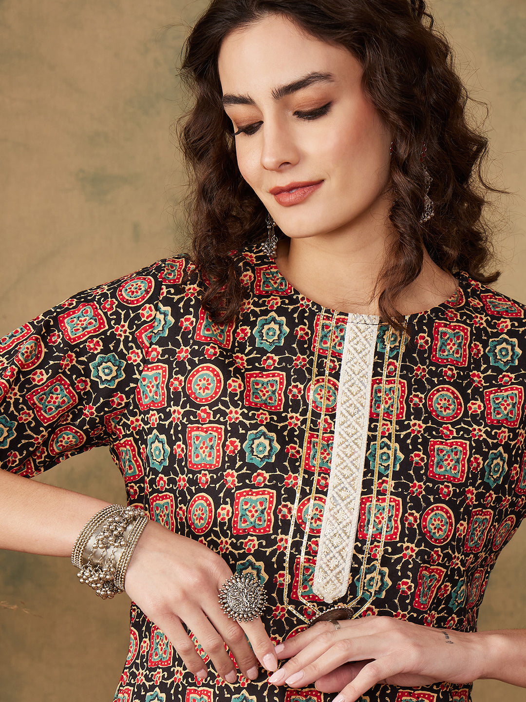 InWeave Women's Black Maroon Print Lace Gota Work Straight Kurta