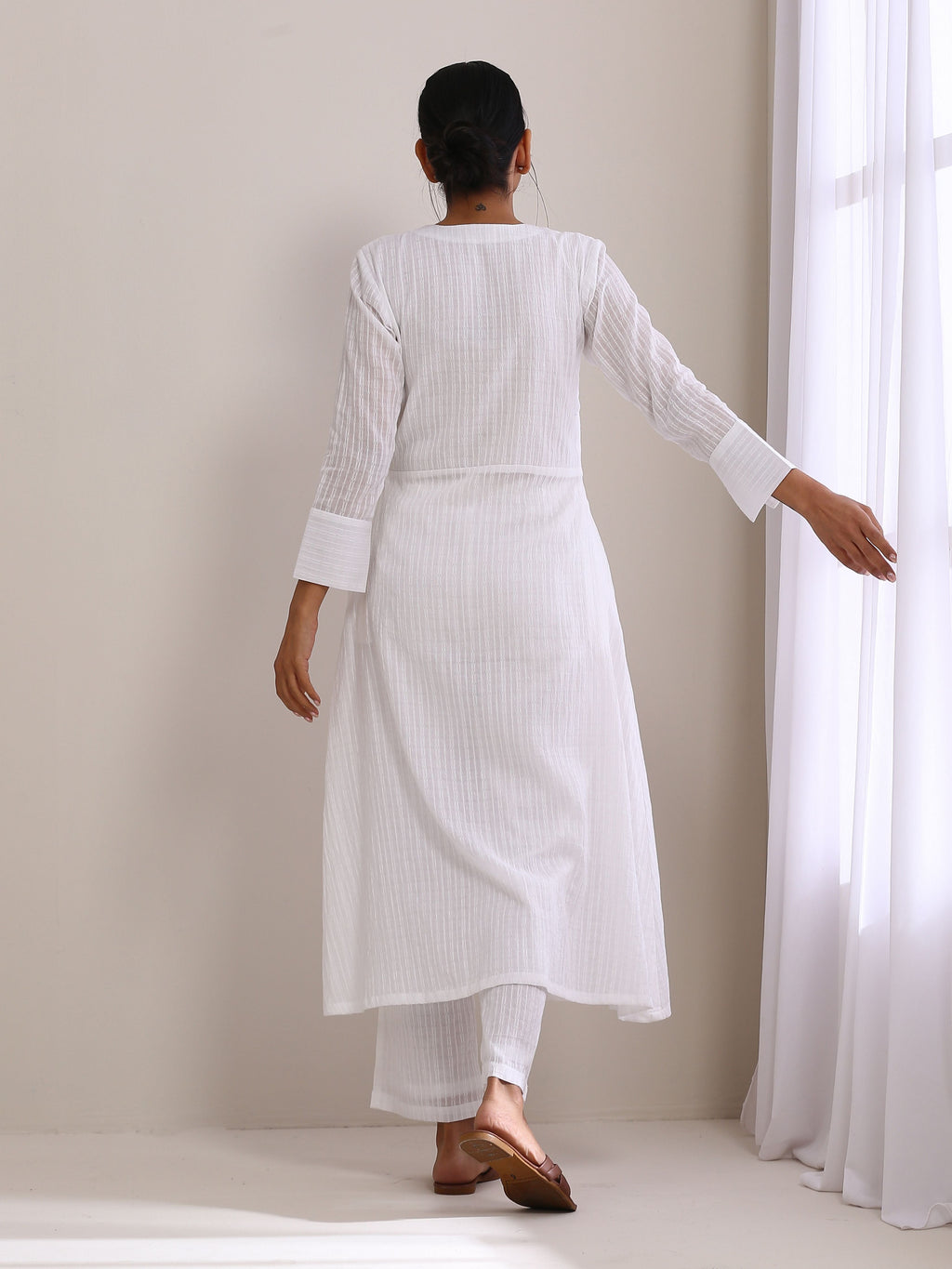 trueBrowns White Dobby Angrakha Kurta Pant Set