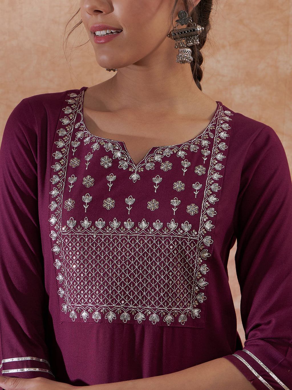 InWeave Women's Burgundy Emb Assymetrical Kurta Pant Set