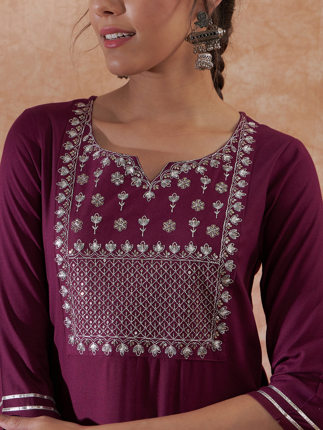 InWeave Women's Burgundy Emb Assymetrical Kurta Pant Set