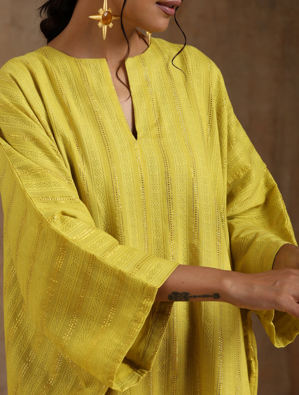 trueBrowns Lime Gold Cotton Oversized Round Co-Ord Set