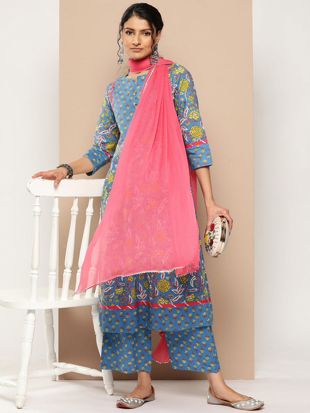 KSUT (House of Varanga) Blue Floral Printed Anarkali Kurta Paired With Printed Palazzo And Dupatta