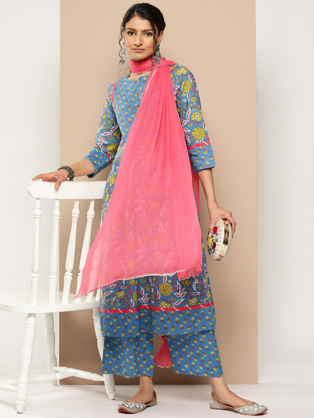 KSUT (House of Varanga) Blue Floral Printed Anarkali Kurta Paired With Printed Palazzo And Dupatta