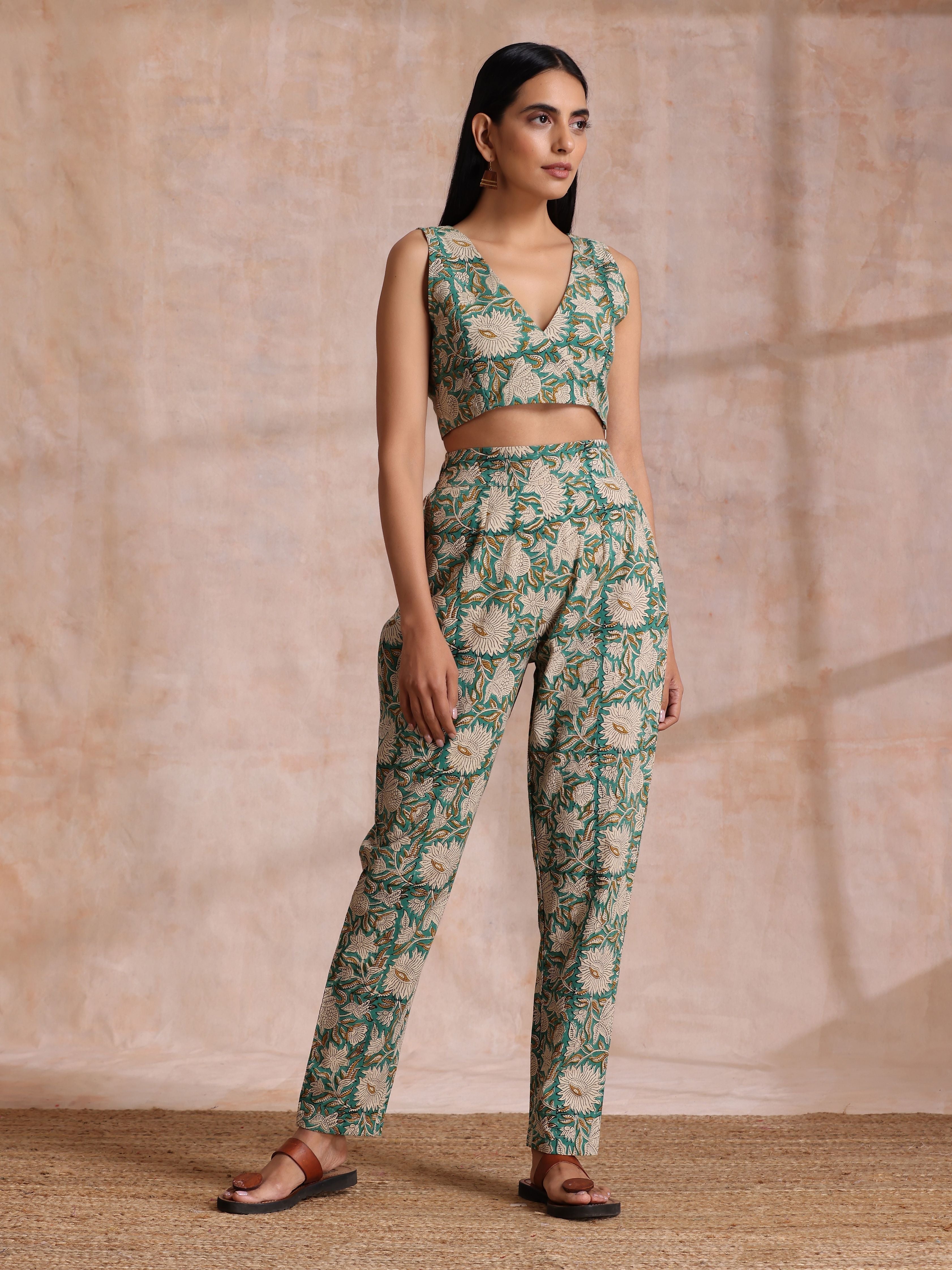 trueBrowns Fern Green Overall Floral Block Print Cotton Pant Suit Set