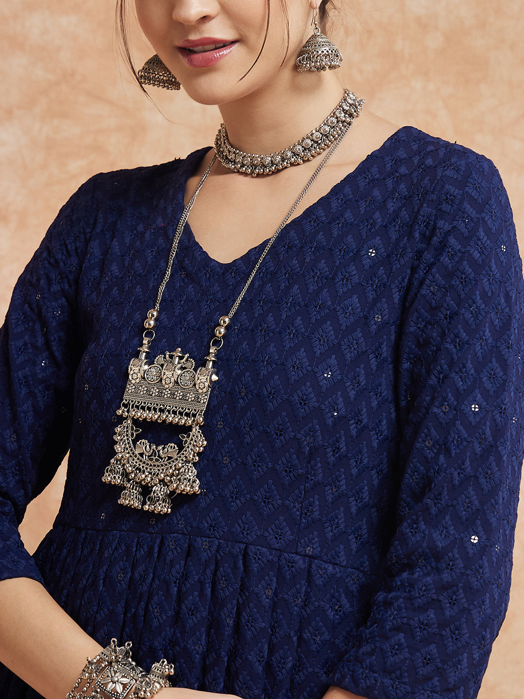 InWeave Women's Royal Blue Chikankari Long Anarkali Kurta Sharara Set