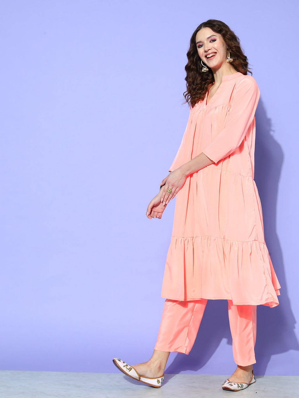 InWeave Women's Peach Flared Kurta Set With Off White Folral Organza Dupatta