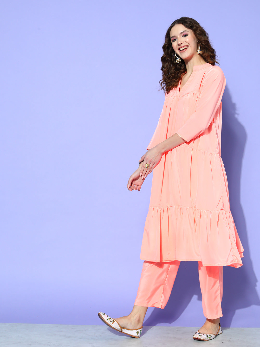 InWeave Women's Peach Flared Kurta Set With Off White Folral Organza Dupatta