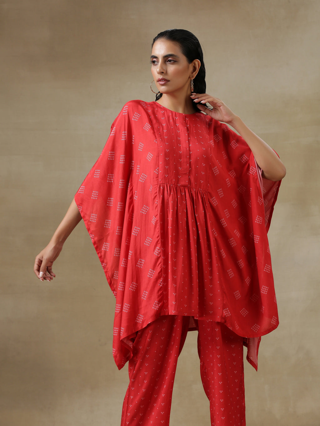 trueBrowns Red Bandhani Printed Silk Kaftan Gathered Co-Ord Set