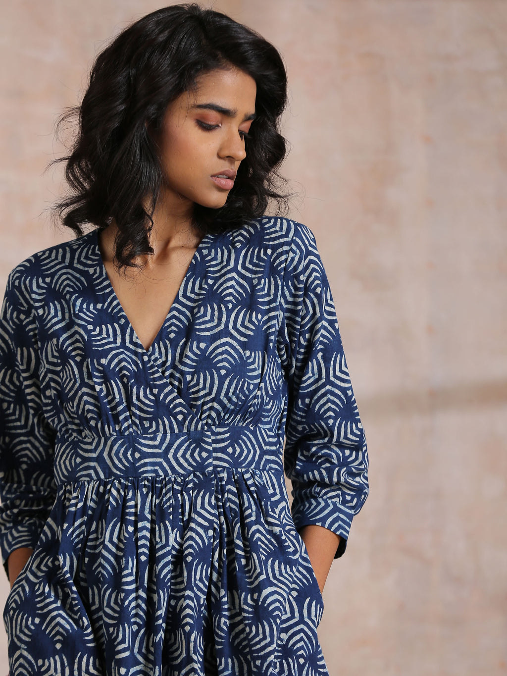 trueBrowns Indigo Dabu Overall Print Cotton Wrap Dress
