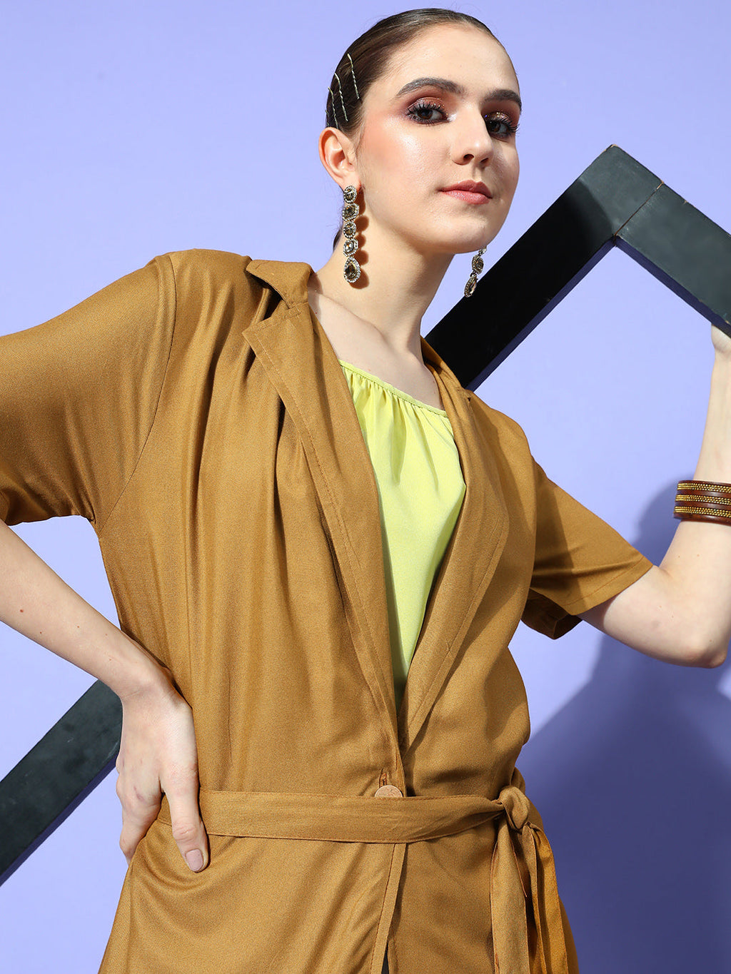 InWeave Women's Camel Brown Cream Pant Coord Set With Lime Green Crop Top