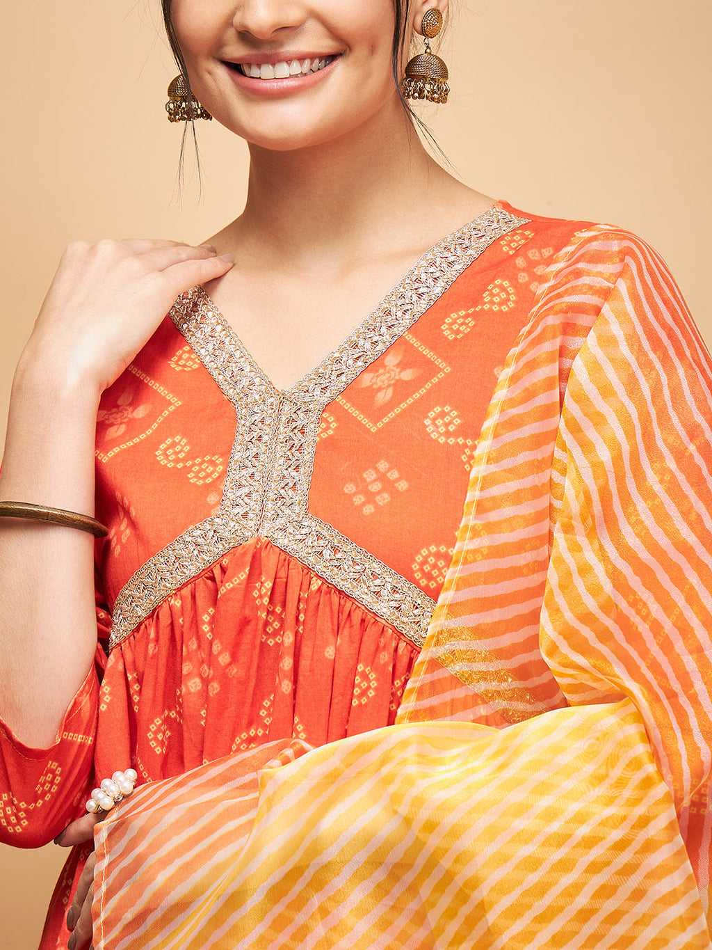 InWeave Women's Orange S Print Alia Cut Gota Work Kurta Set W Mustard Le Du