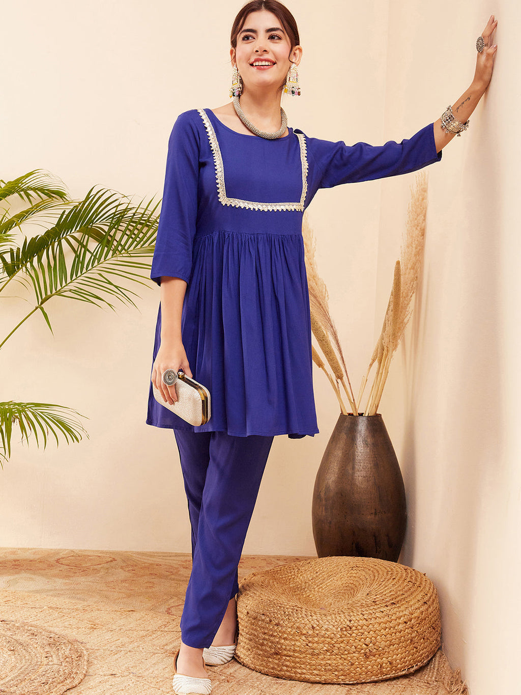 InWeave Women's Blue Round Neck Square Gota Work Kurta Pant Set
