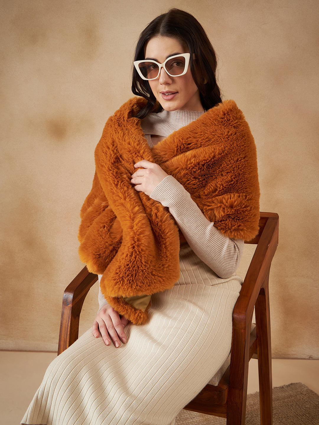 InWeave Women's Carrot Orange Long Faux Fur Cape
