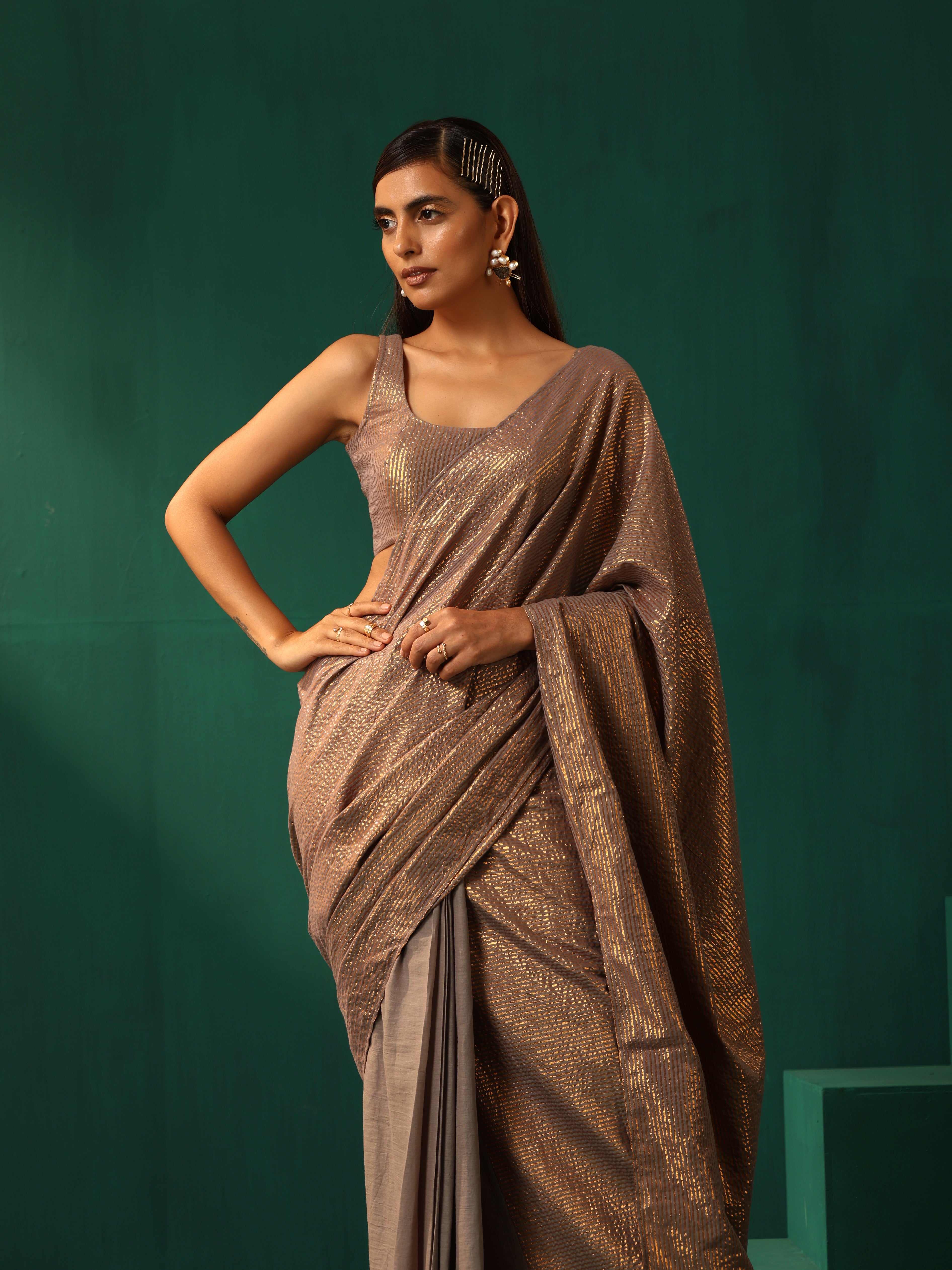trueBrowns Grey Cotton Gold Lurex Striped Ready to Wear Saree