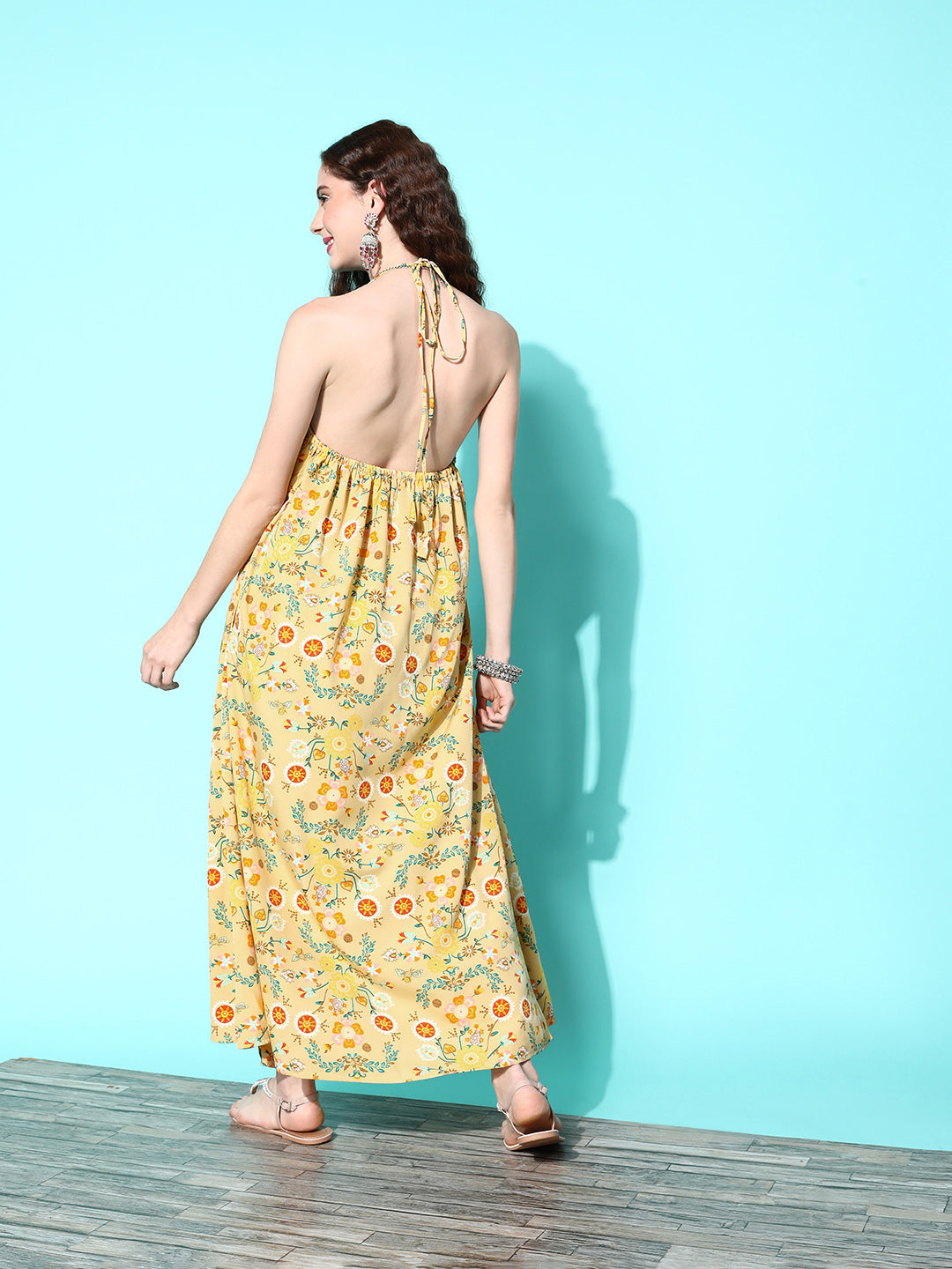 InWeave Women's Yellow Print Back Less Long Kurta Pant Set