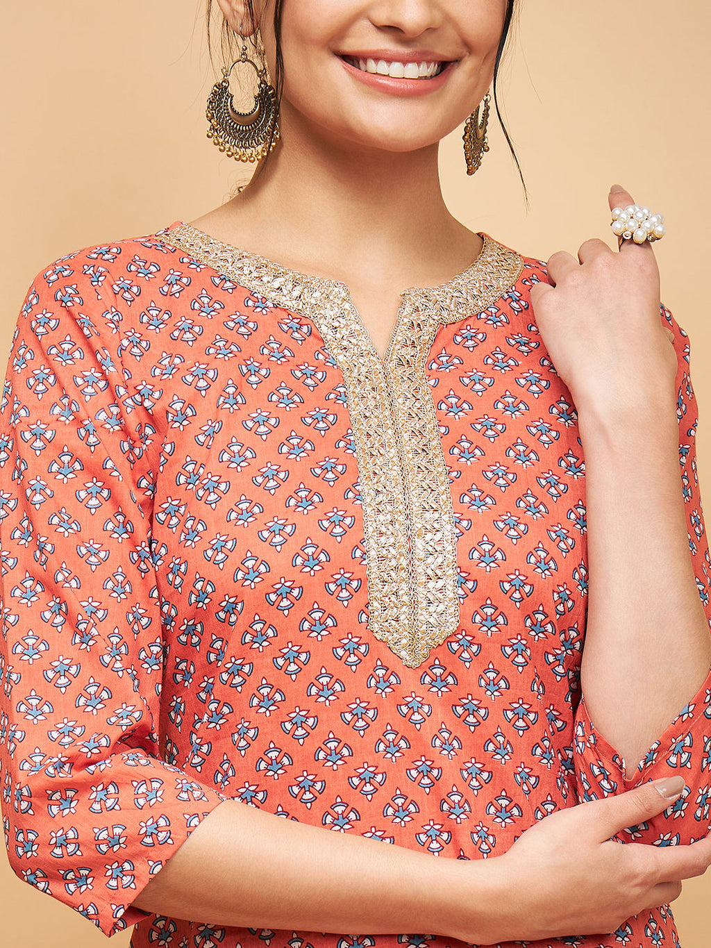 InWeave Women's Coral Blue Boota Print Gota Straight Kurta