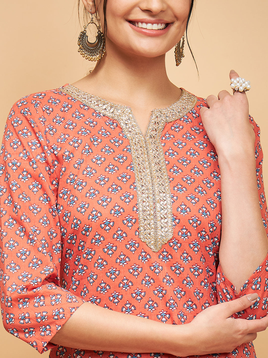 InWeave Women's Coral Blue Boota Print Gota Straight Kurta