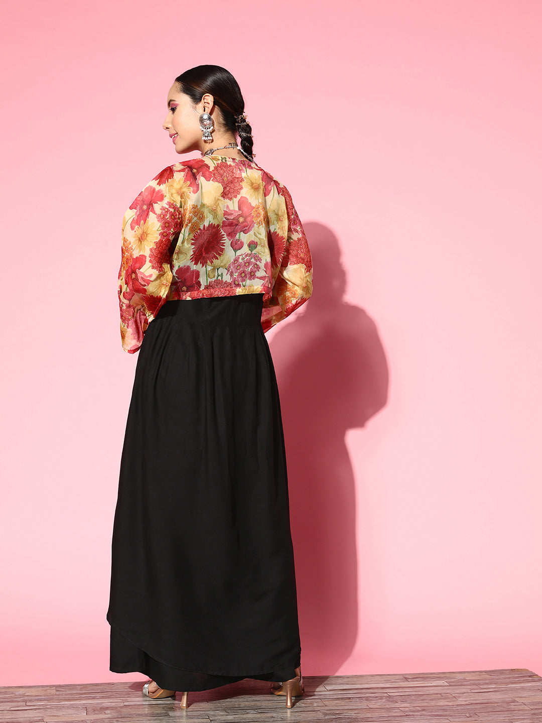 InWeave Women's Black Strappy Set With Red Pink Floral Short Organza Cape