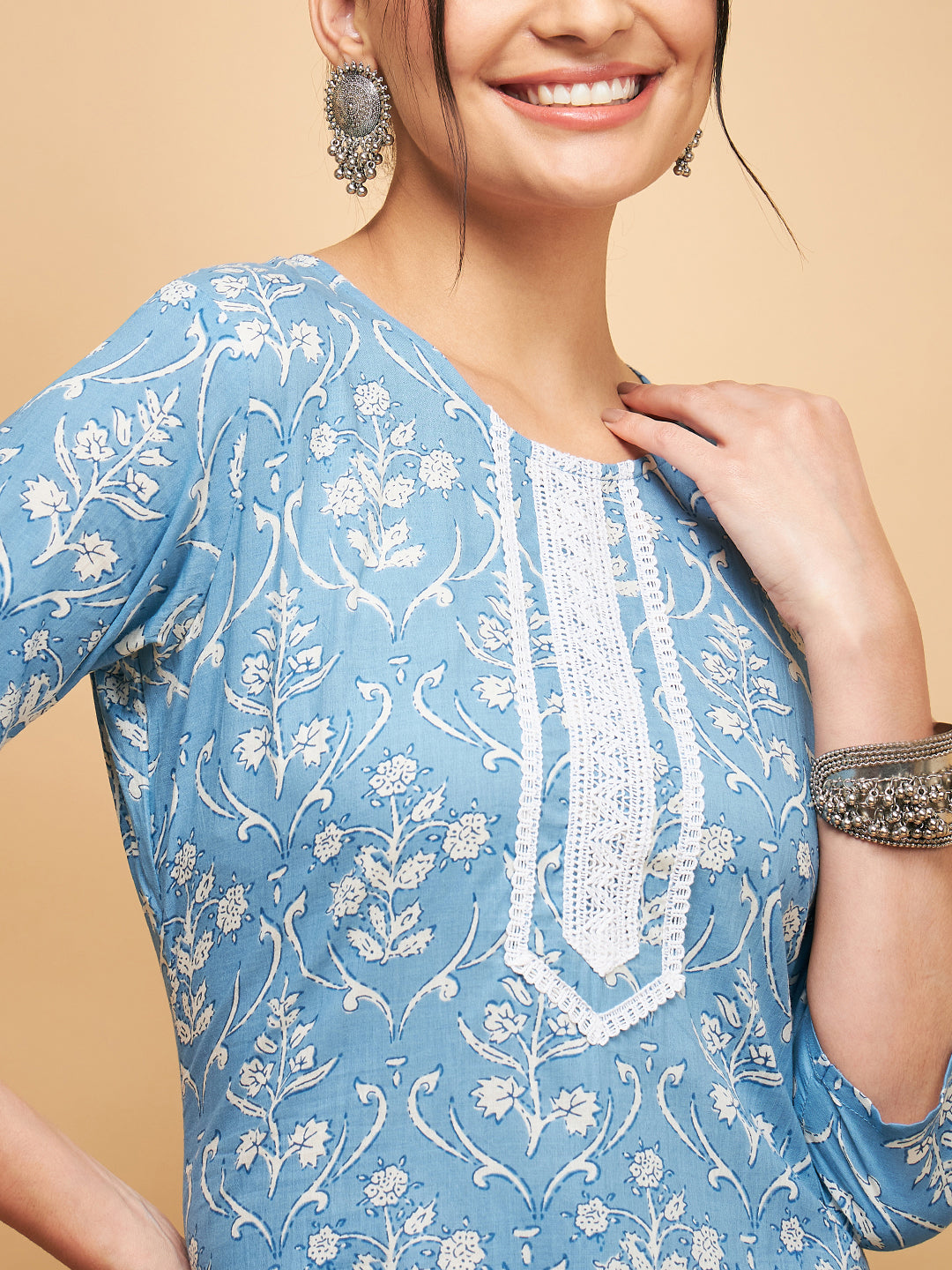 InWeave Women's Powder Blue White Print Lace Straight Kurta