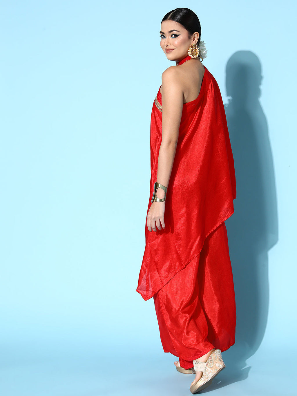 InWeave Women's Red One Shoulder Kurta Set With Gota Work