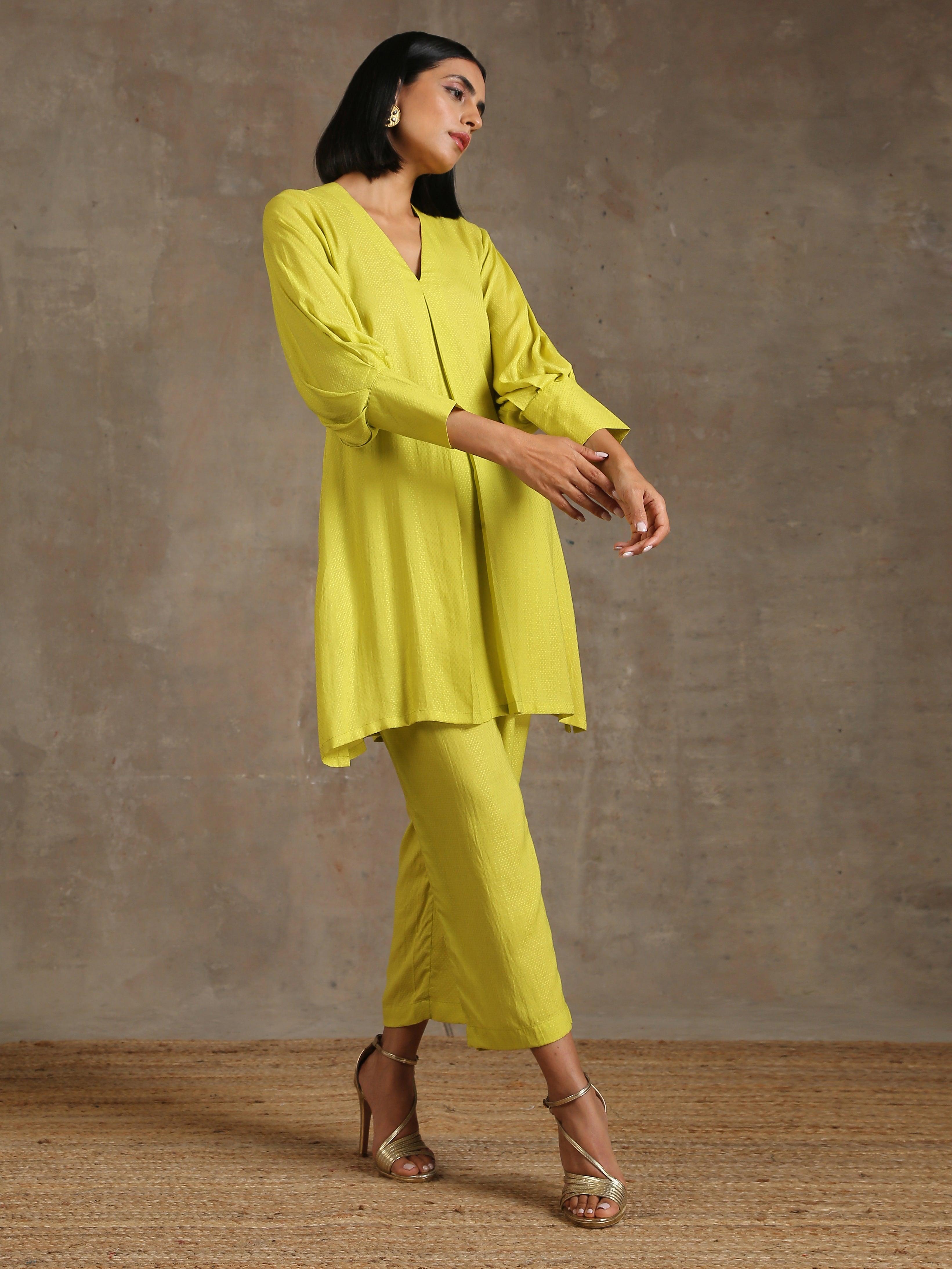 trueBrowns The Penelope - Lime Green Solid Textured Co-Ord Set