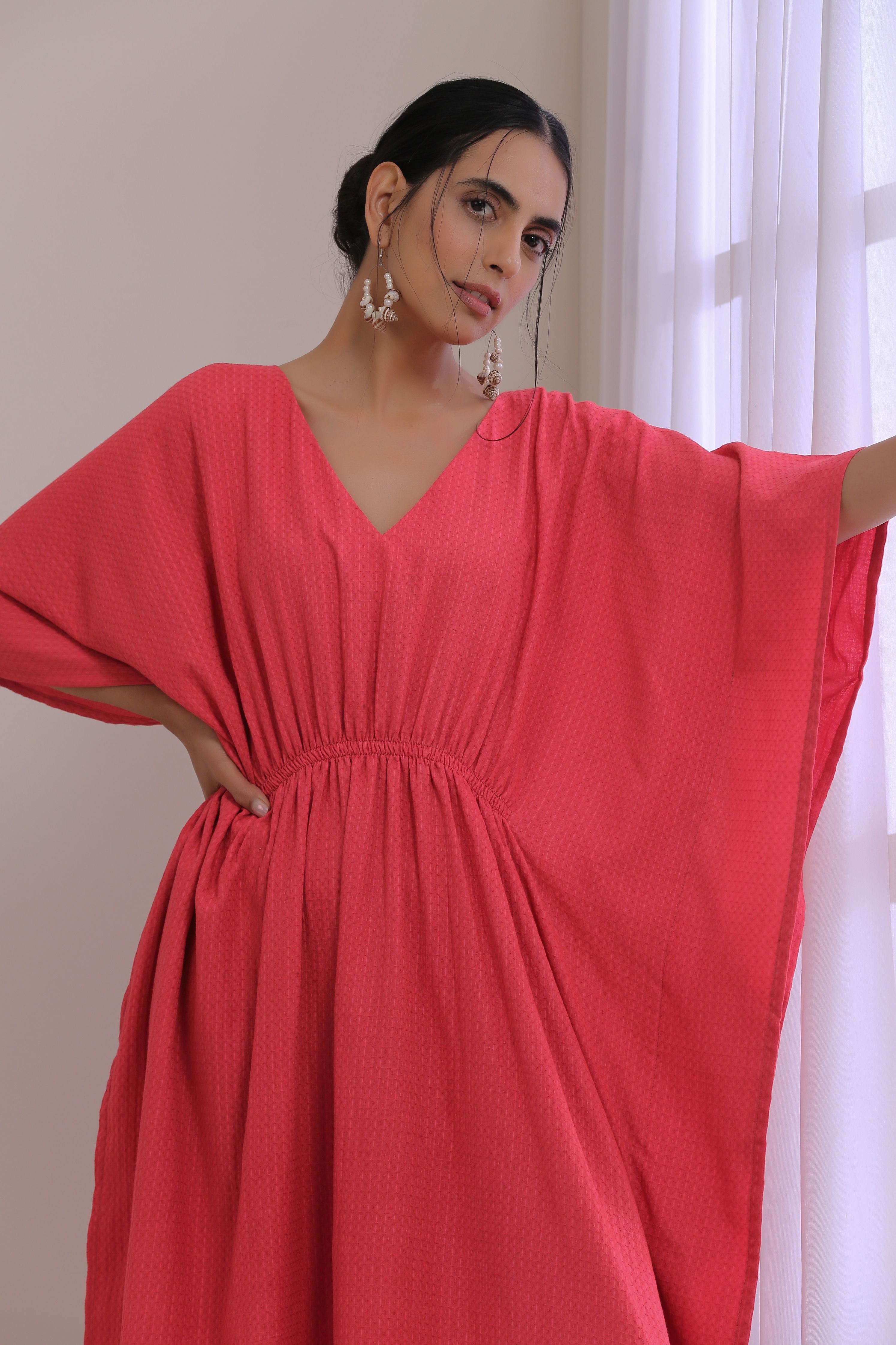 trueBrowns Bright Pink Dobby Kaftan Dress