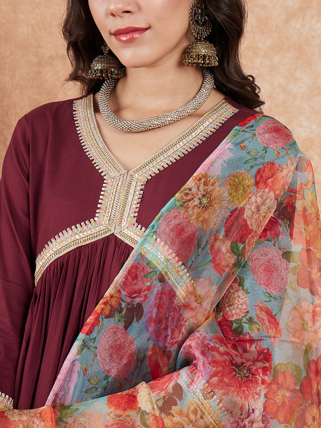 InWeave Women's Dark Burgundy Alia Neck Style Gota Set W Organza Dupatta