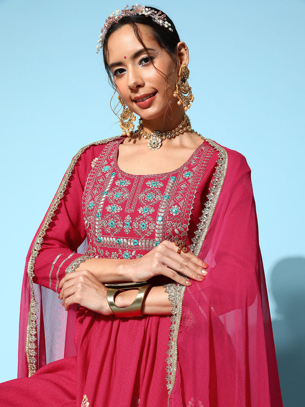 InWeave Women's Pink Nyra Cut Embroidered Kurta Set With Dupatta