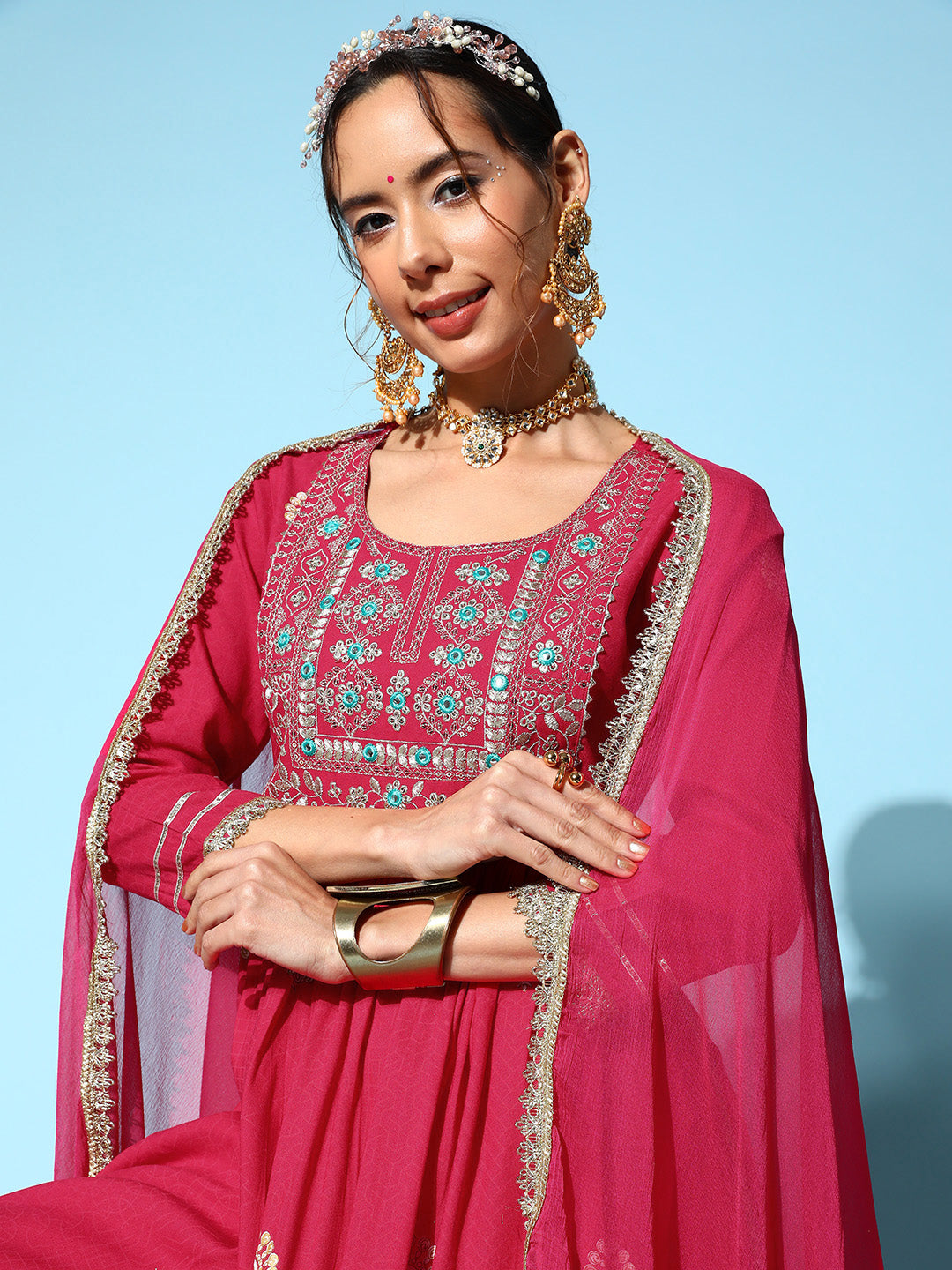 InWeave Women's Pink Nyra Cut Embroidered Kurta Set With Dupatta