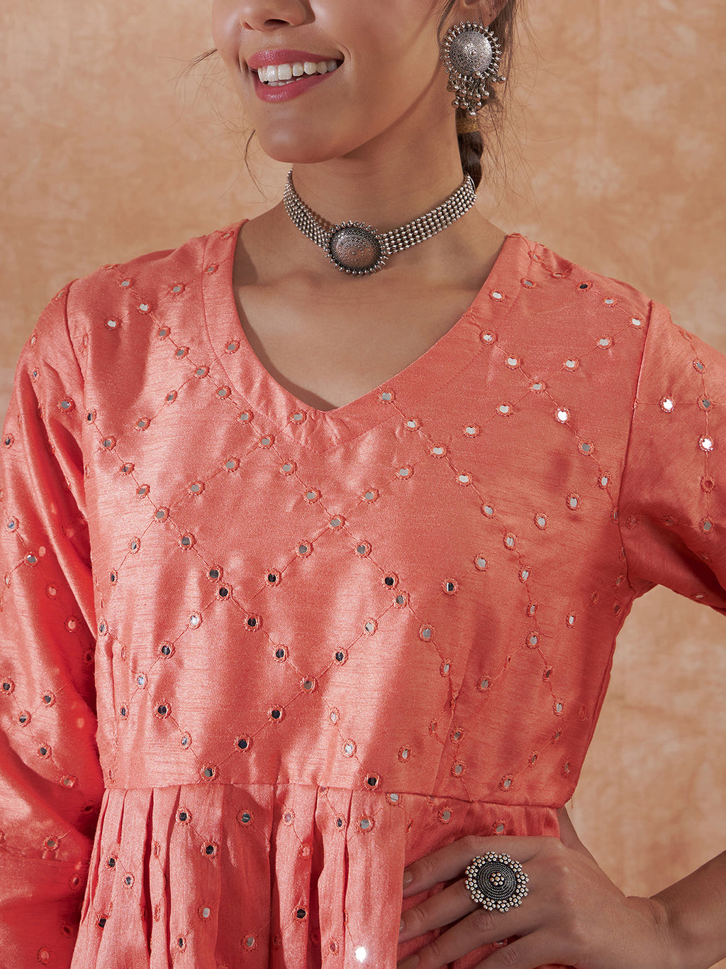 InWeave Women's Peach Mirror Work Long Anarkali Kurta