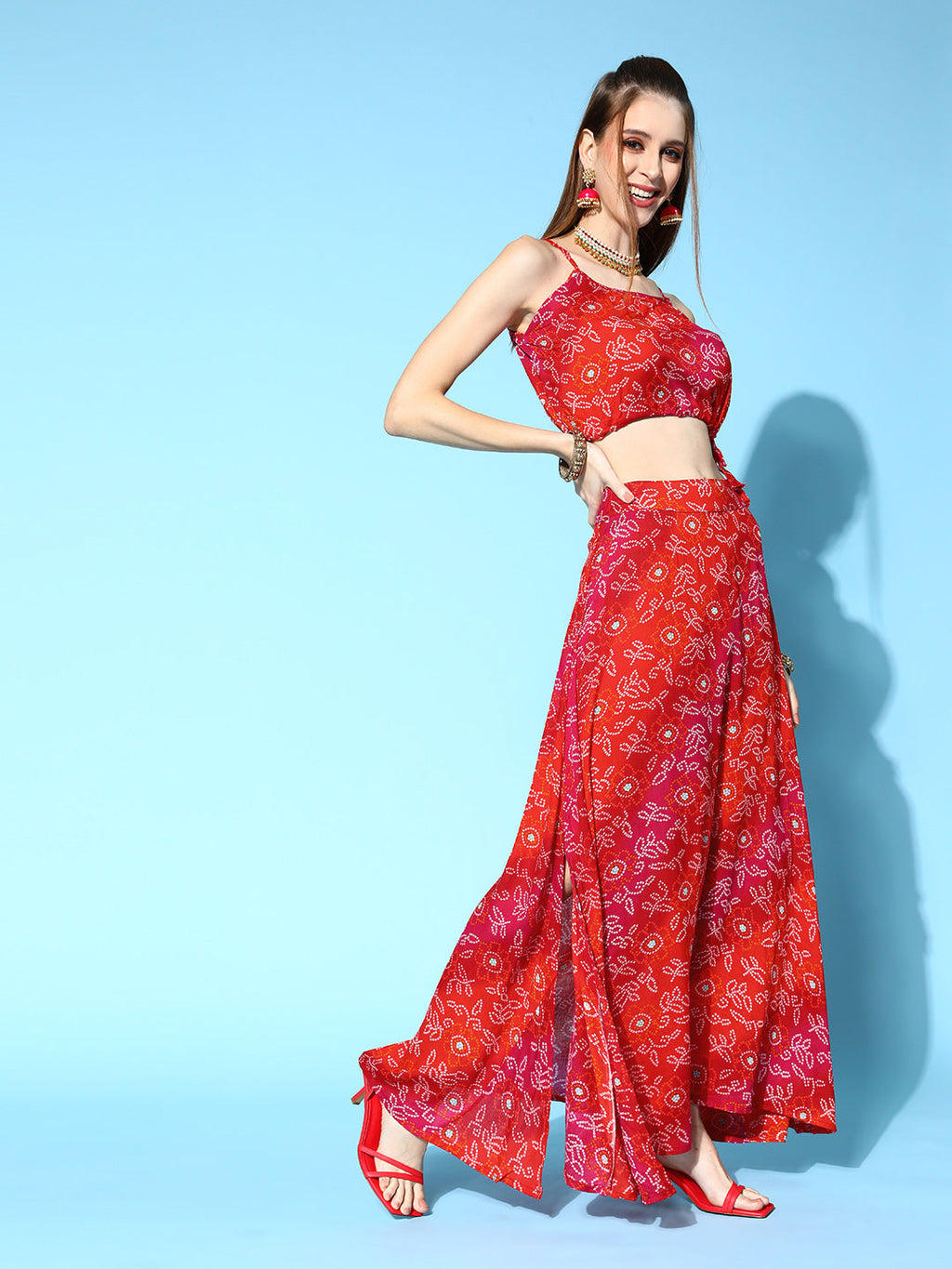 InWeave Women's Red Bandhej Crop Top With Skirt Set