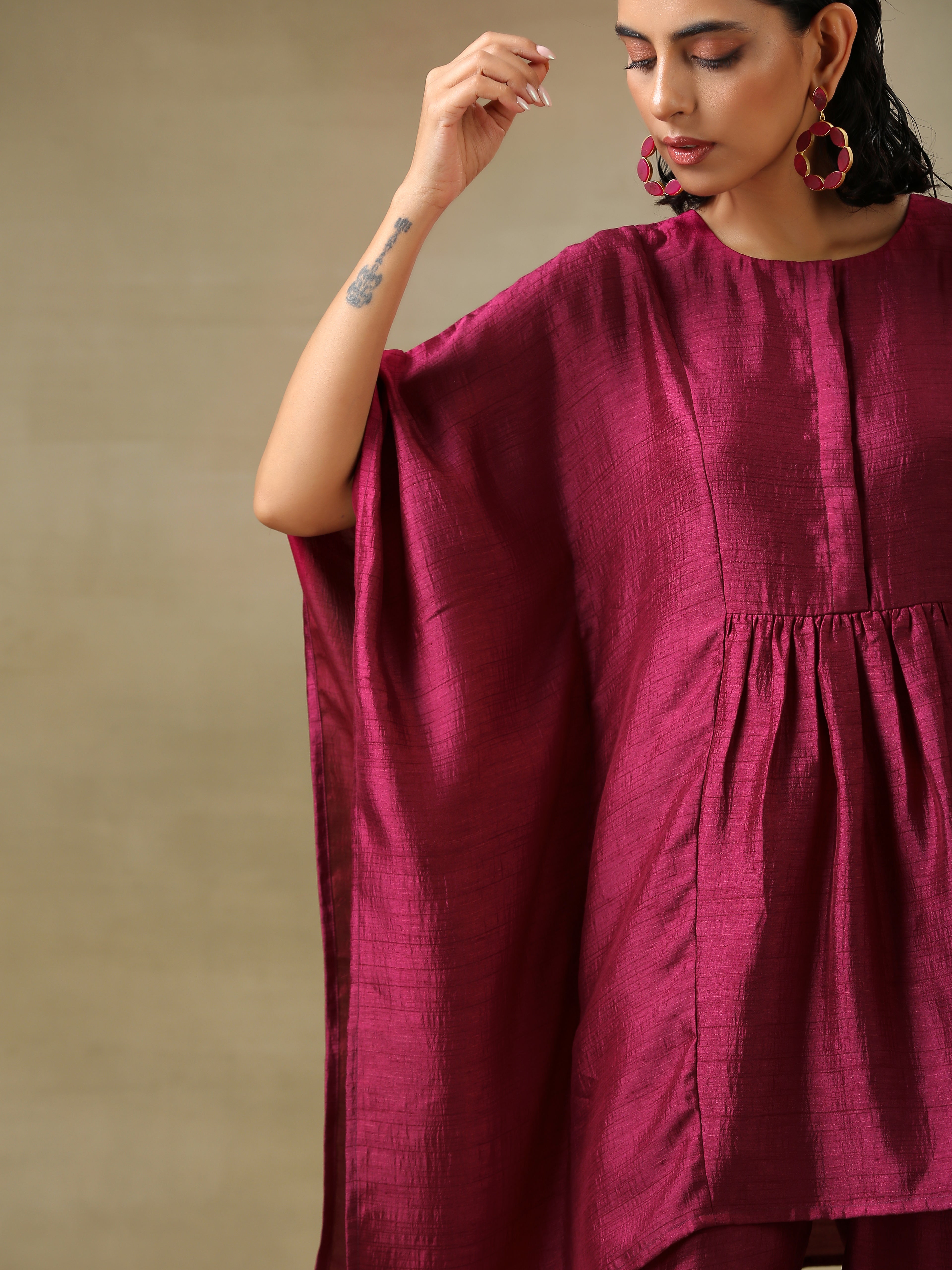 trueBrowns Purple Textured Silk Gathered Kaftan Co-Ord Set