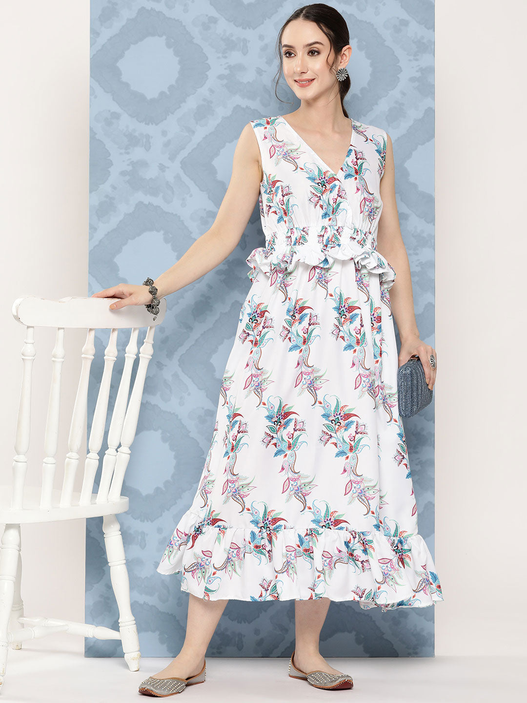 InWeave Women's White Floral Paisley Print Long Frill Dress