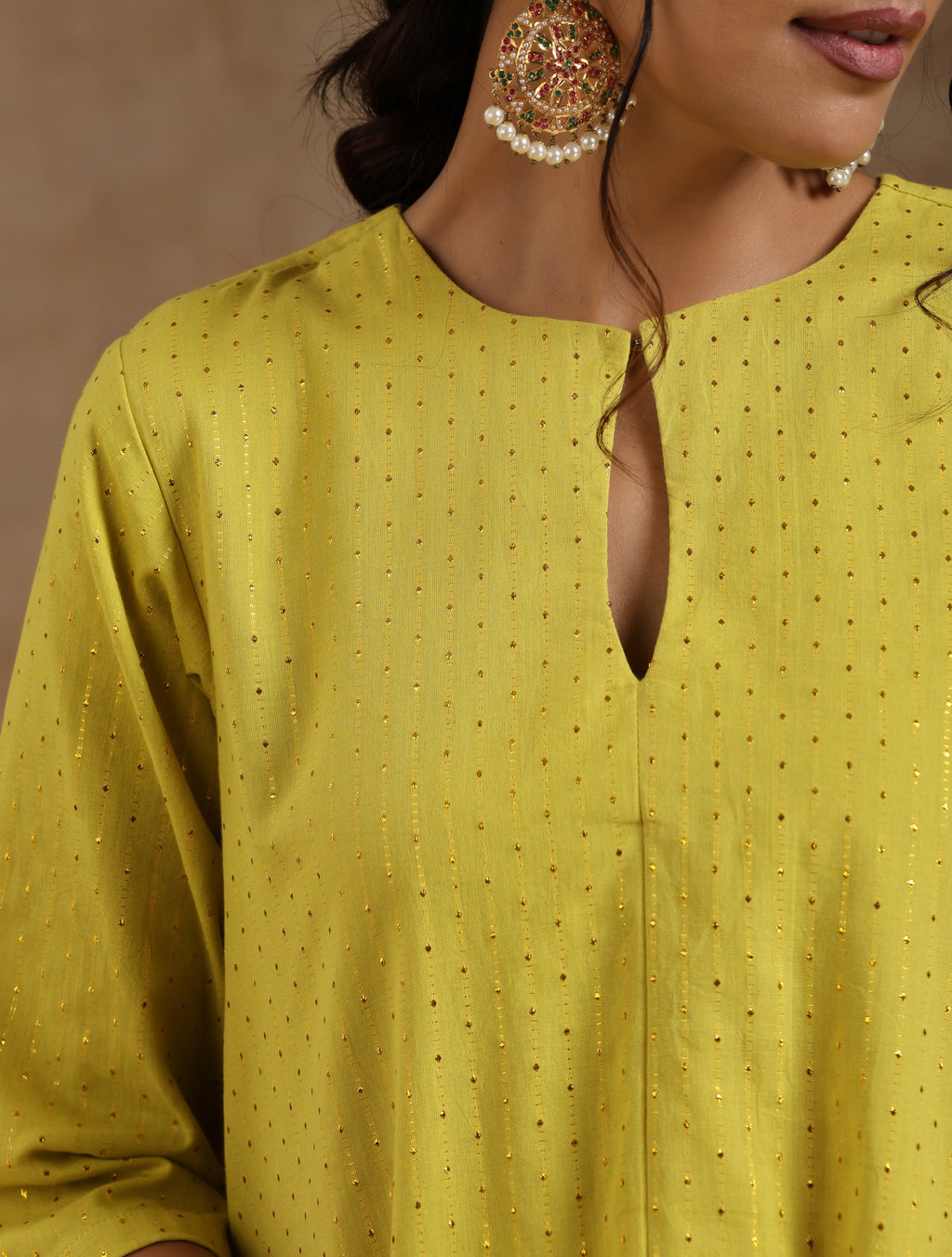 trueBrowns Lime Gold Cotton Handkerchief Kurta Set