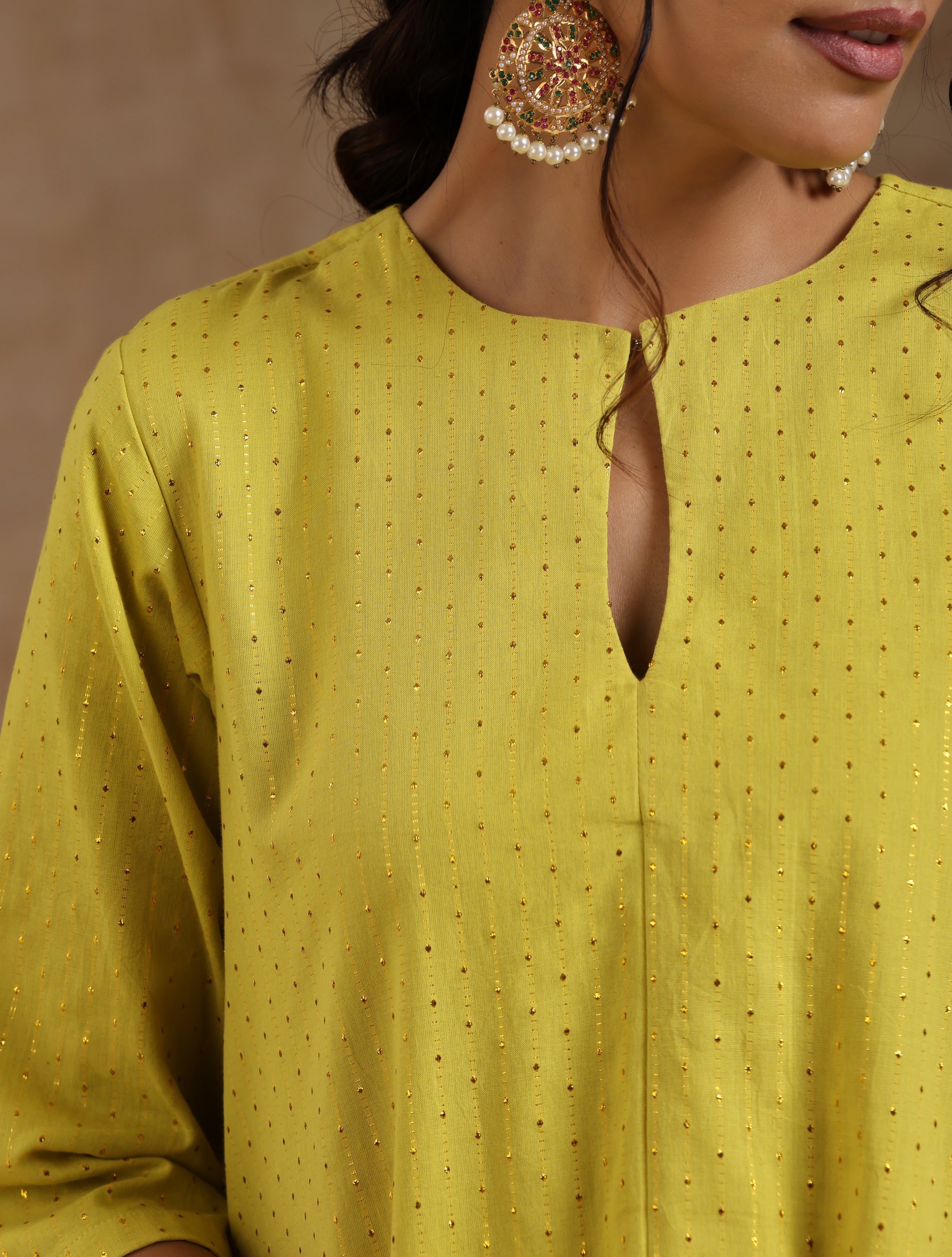 trueBrowns Lime Gold Cotton Handkerchief Kurta Set