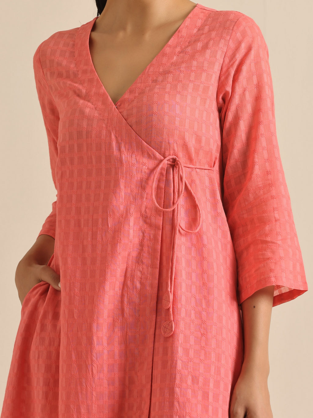 trueBrowns Bright Pink Dobby Angrakha Kurta Pant Set