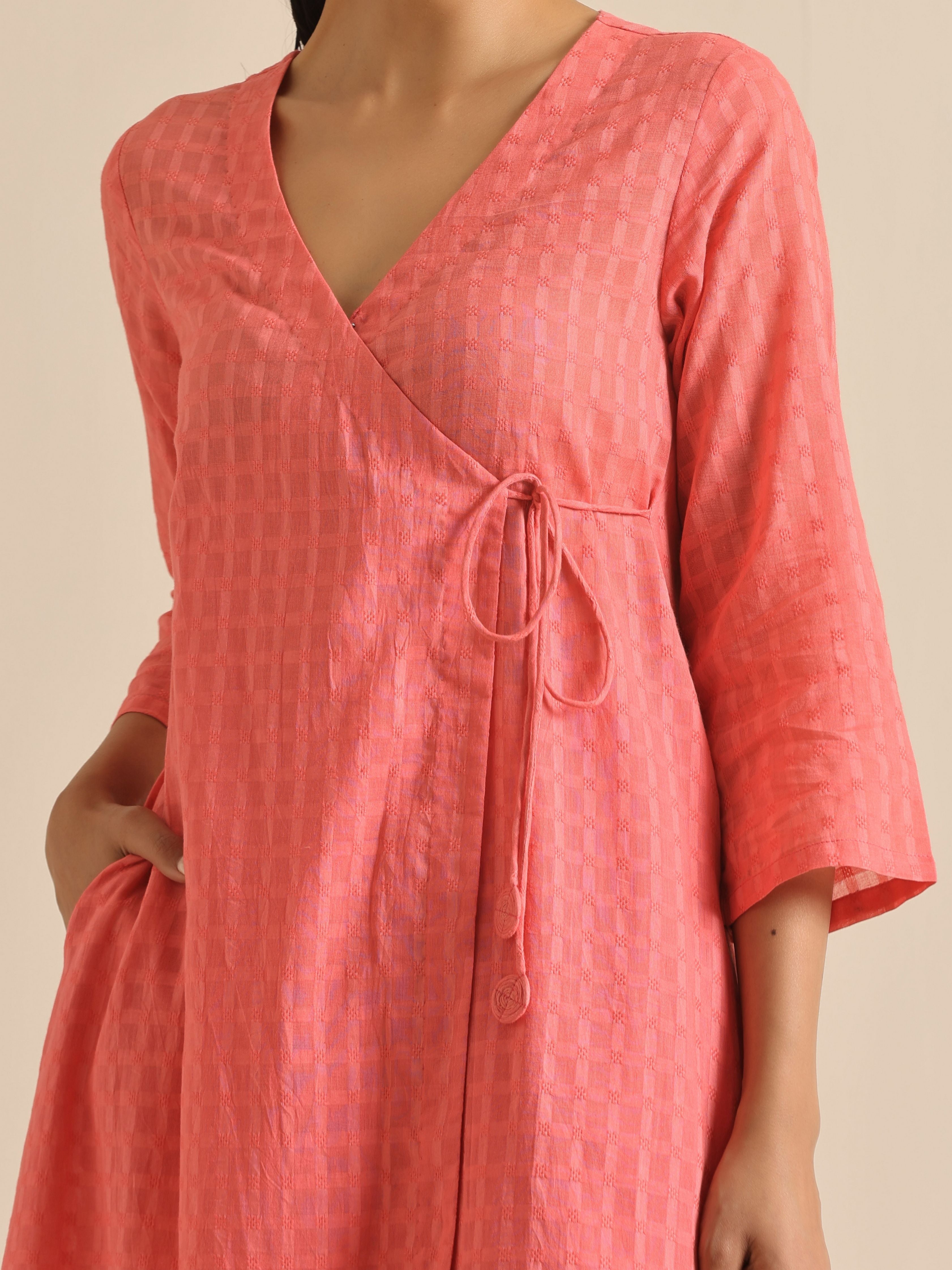trueBrowns Bright Pink Dobby Angrakha Kurta Pant Set