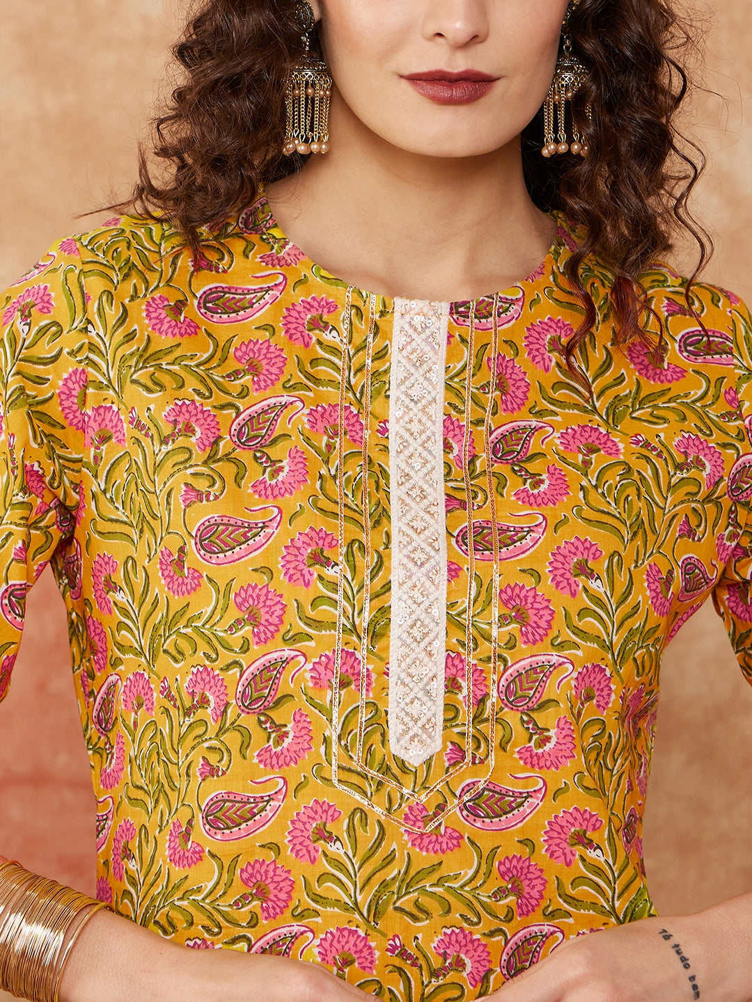 InWeave Women's Mustard Green Lace Gota Work Straight Kurta