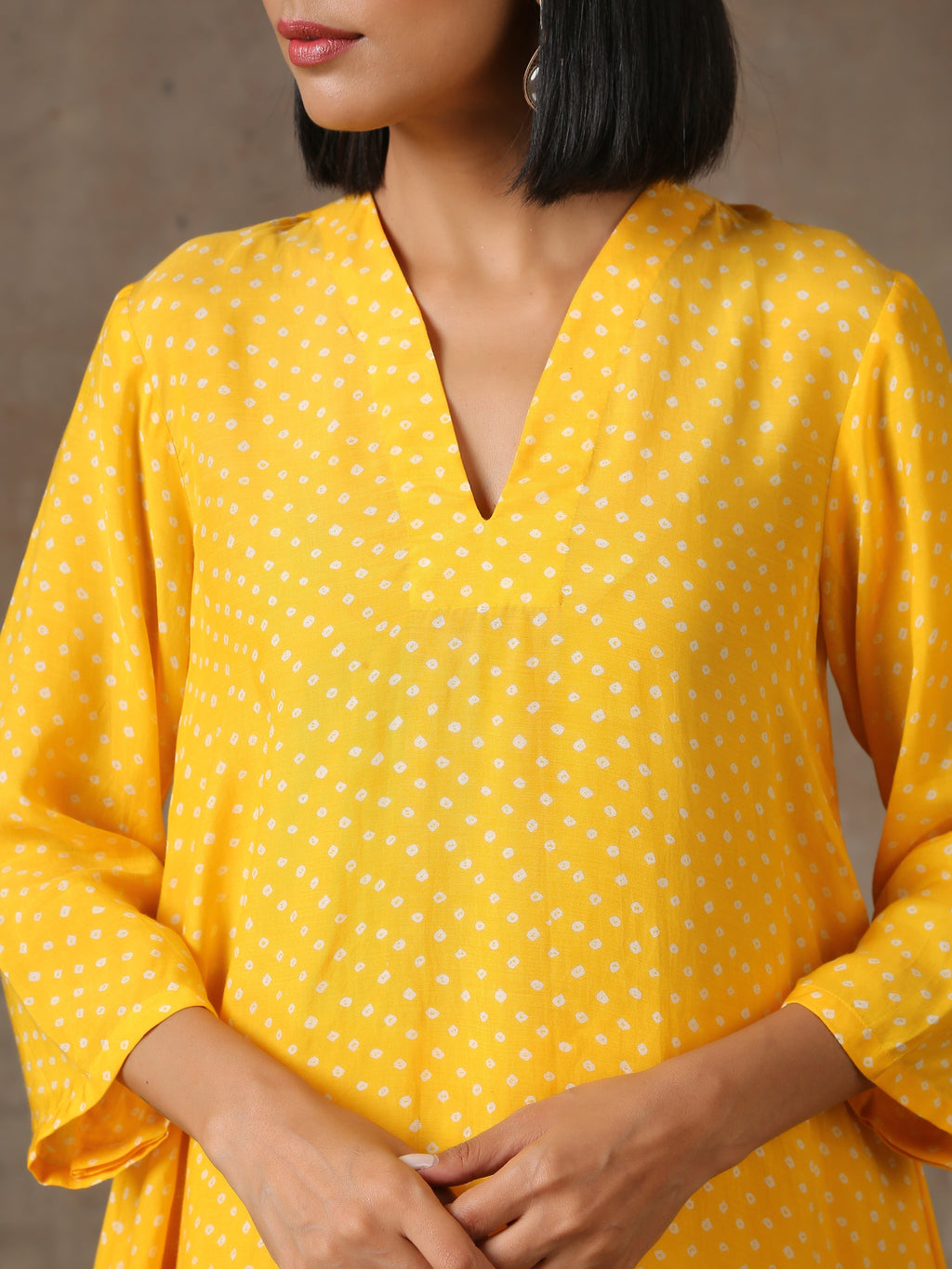 trueBrowns Yellow Bandhani Flare Printed Silk Co-Ord Set