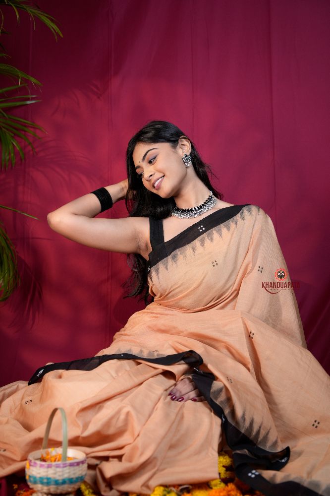 khanduapata Beige & Black Dot Design Cotton Saree For Women