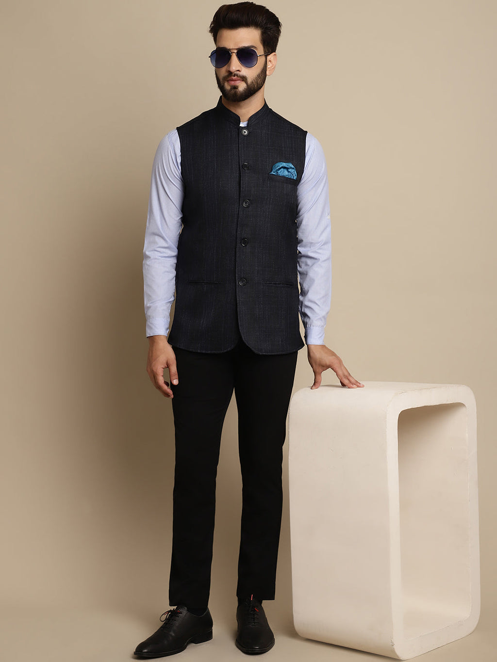 Even Apparels Men's Blue Mandarin Collar Waistcoat