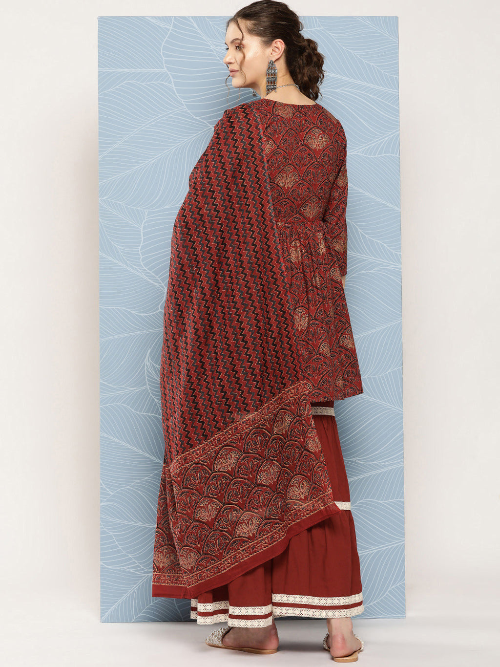 InWeave Women's Brick Rust Ajrakh Sharara Set With Dupatta