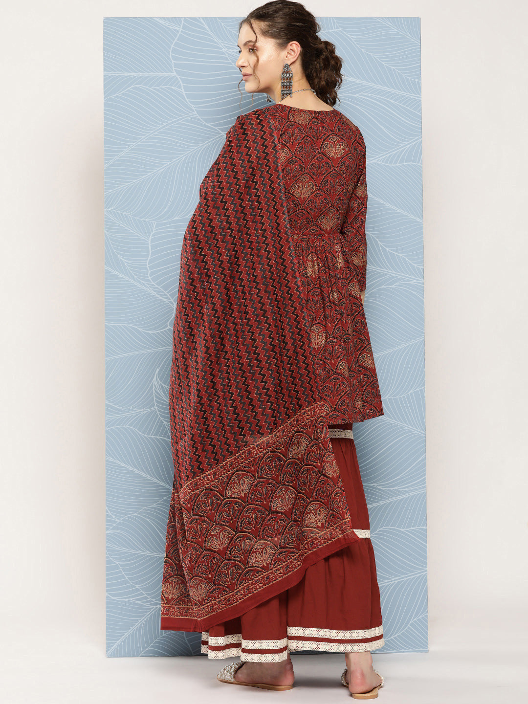 InWeave Women's Brick Rust Ajrakh Sharara Set With Dupatta