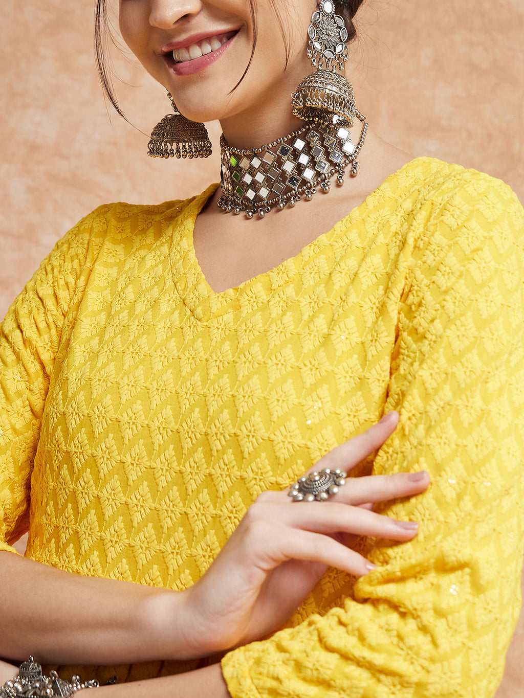 InWeave Women's Butter Yellow Chikankari Long Anarkali Kurta Sharara Set