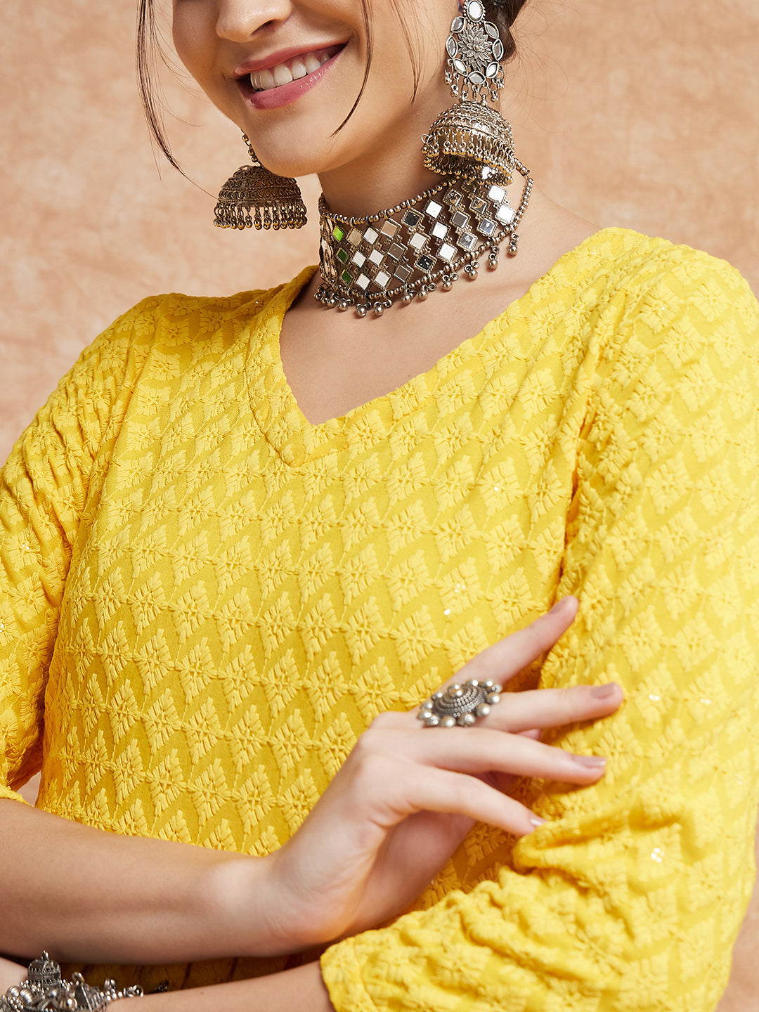 InWeave Women's Butter Yellow Chikankari Long Anarkali Kurta Sharara Set
