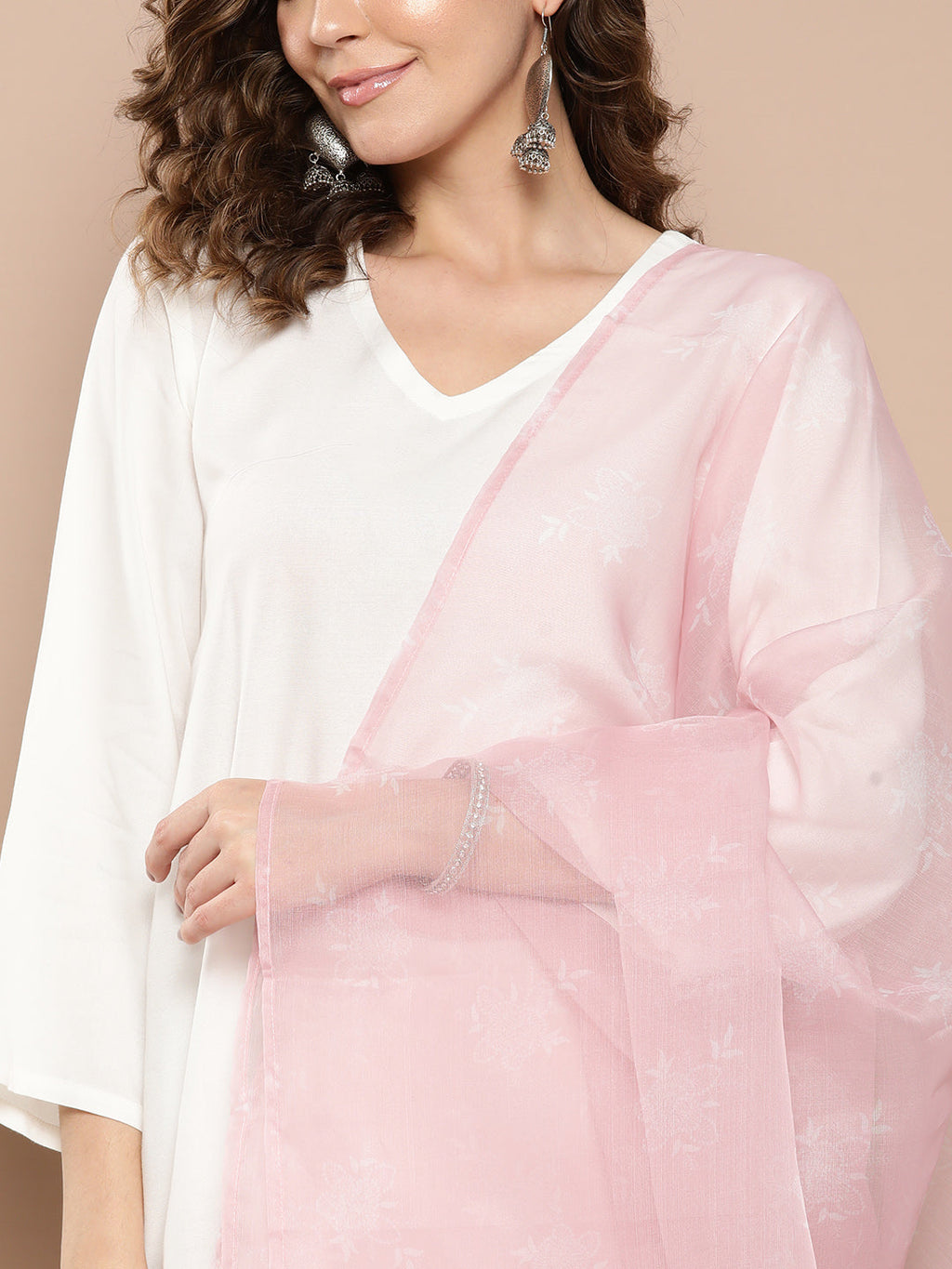 InWeave Women's Cream Straight Kurta Set W Pink White Print Organza Dupatta